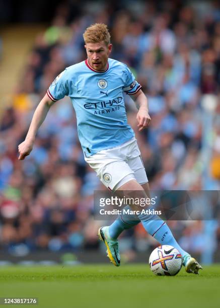 Kevin De Bruyne of Manchester City during the Premier League match between Manchester City and Southampton FC at Etihad Stadium on October 8, 2022 in...