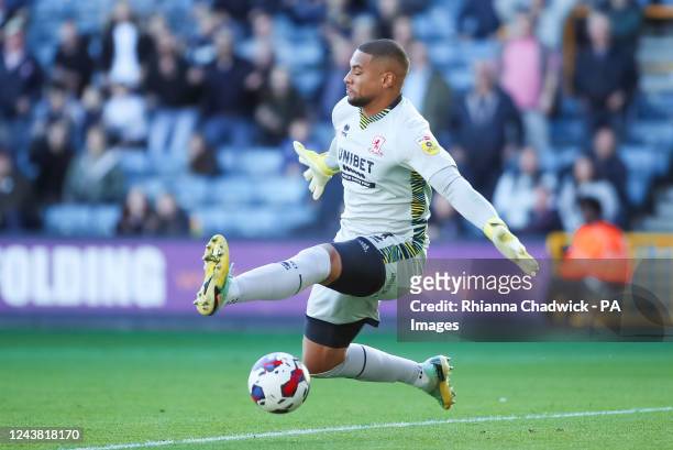 Middlesbrough goalkeeper Zack Steffen makes a save from Millwall's Andreas Voglsammer during the Sky Bet Championship match at The Den, London....