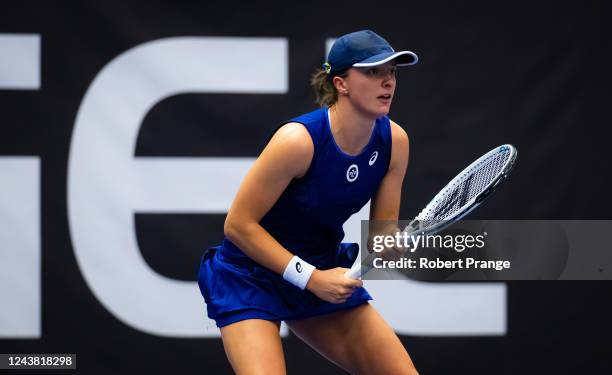 Iga Swiatek of Poland in action against Ekaterina Alexandrova of Russia in her semi-final match on Day 6 of the Agel Open at Ostravar Arena on...