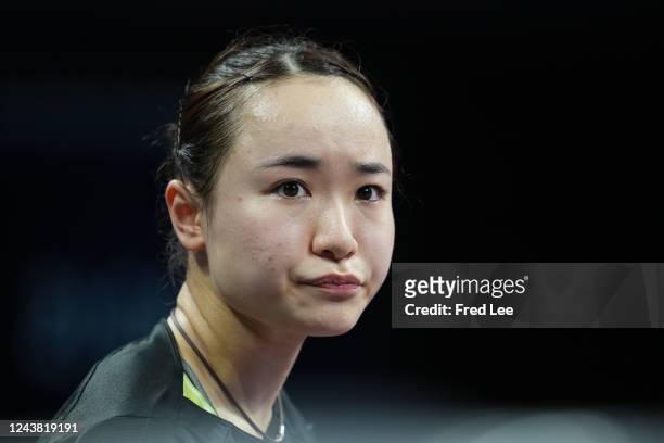 Mima Ito of Japan reacts during 2022 ITTF World Team Championships Finals - Women's Teams-Final on Day 9 at High Technology Zone Sports Center on...