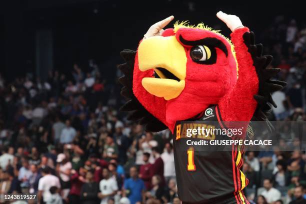 Atlanta Hawks' mascot, Harry the Hawk, gestures during the NBA pre-season basketball match between the Milwaukee Bucks and the Atlanta Hawks at the...