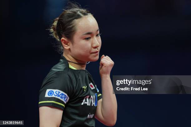 Mima Ito of Japan reacts against Manyu Wang of China during 2022 ITTF World Team Championships Finals - Women's Teams-Final on Day 9 at High...