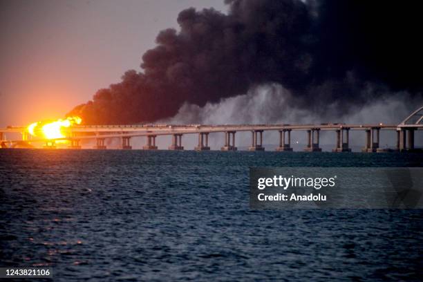 Explosion causes fire at the Kerch bridge in the Kerch Strait, Crimea on October 08, 2022. A fire broke out early Saturday morning on the Kerch...