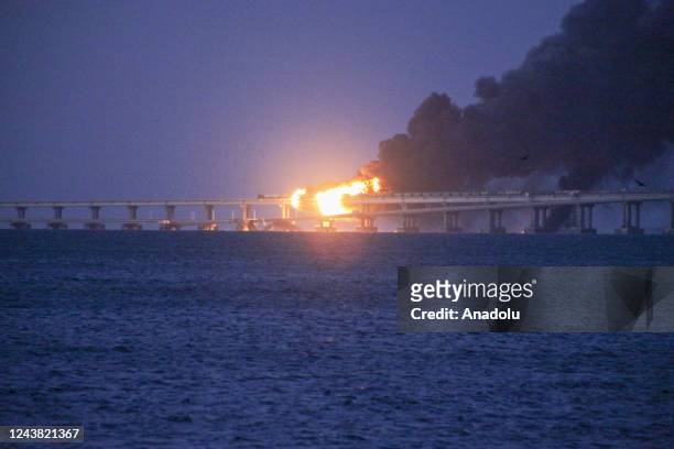 Explosion causes fire at the Kerch bridge in the Kerch Strait, Crimea on October 08, 2022. A fire broke out early Saturday morning on the Kerch...