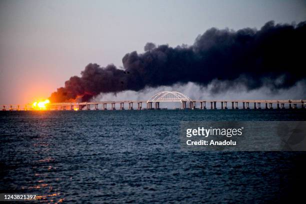 Explosion causes fire at the Kerch bridge in the Kerch Strait, Crimea on October 08, 2022. A fire broke out early Saturday morning on the Kerch...