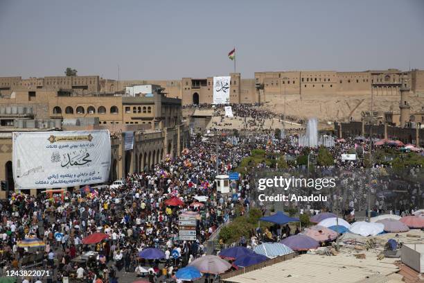 Muslims gather to attend a religious ceremony within the celebrations for Mawlid al-Nabi, the birth anniversary of Muslims' beloved Prophet Mohammad,...