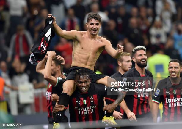 Brahim Abdelkader Diaz of AC Milan celebrates with his teammate Rafael Leao after scoring goal 2-0 during the Serie A match between AC MIlan and...