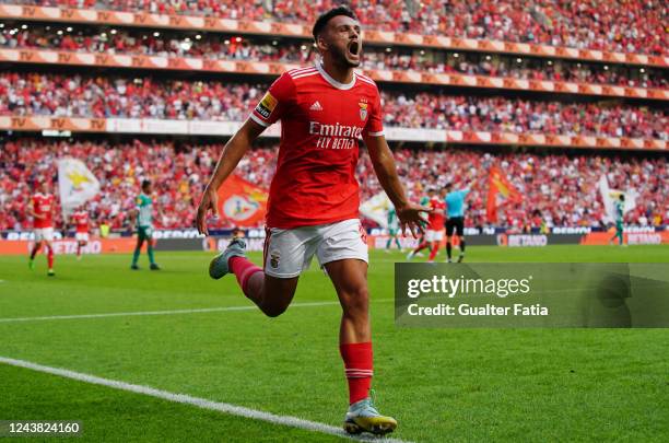 Goncalo Ramos of SL Benfica celebrates after scoring a goal during the Liga Portugal Bwin match between SL Benfica and Rio Ave FC at Estadio da Luz...