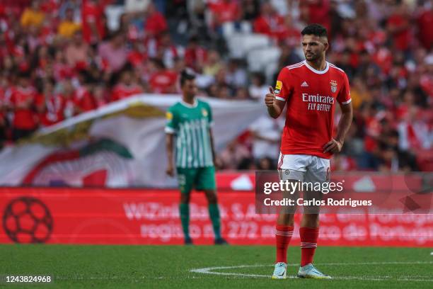 Goncalo Ramos of SL Benfica celebrates scoring SL Benfica third goal during the Liga Portugal Bwin match between SL Benfica and Rio Ave FC at Estadio...