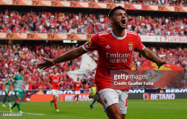 Goncalo Ramos of SL Benfica celebrates after scoring a goal during the Liga Portugal Bwin match between SL Benfica and Rio Ave FC at Estadio da Luz...