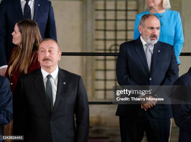 Prime Minister of Iceland Katrin Jakobsdottir is posing with the President of Azerbaijan Ilham Aliyev and the Prime Minister of Armenia Nikol Vovayi...