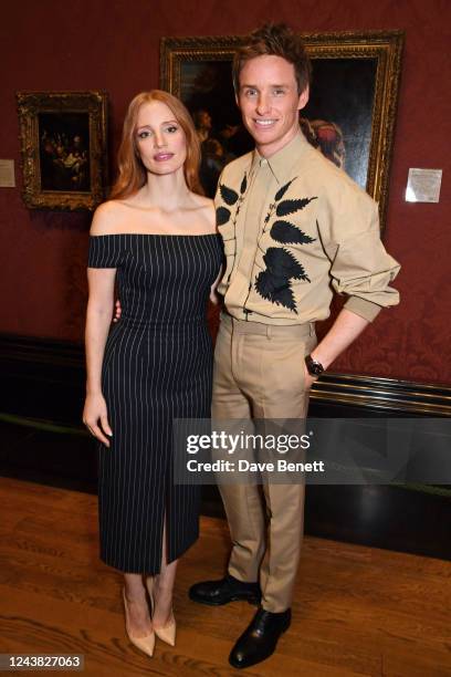 Jessica Chastain and Eddie Redmayne attend The Academy of Motion Picture Arts and Sciences 2022 New Members Reception at The National Gallery on...