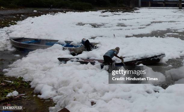 Thick layer of toxic polluted foam in Yamuna River near Kalindi Kunj after the rain continue, on October 8, 2022 in New Delhi, India. Heavy rains are...