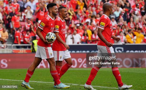 Benfica players celebrate after a goal during the Liga Portugal Bwin match between SL Benfica and Rio Ave FC at Estadio da Luz on October 8, 2022 in...