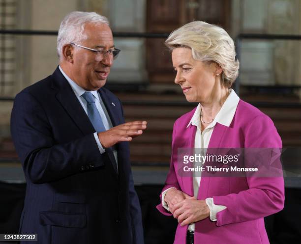 Portugese Prime Minister, Antonio Costa GCIH talks with the President of the European Commission Ursula von der Leyen after a familly photo during...