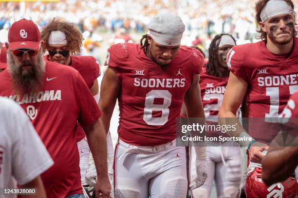Oklahoma Sooners defensive lineman Jonah Laulu leaves the field after the game against the Texas Longhorns October 8th 2022 at the Cotton Bowl...