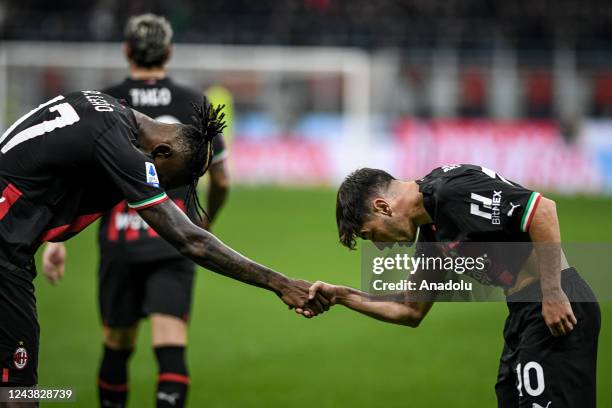 Brahim Diaz of AC Milan celebrates after scoring a goal during the Italian Serie A football match AC Milan vs Juventus FC at San Siro stadium in...