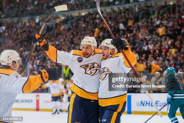 Nino Niederreiter of the Nashville Predators celebrates his goal in the second period against the San Jose Sharks during the 2022 NHL Global Series...