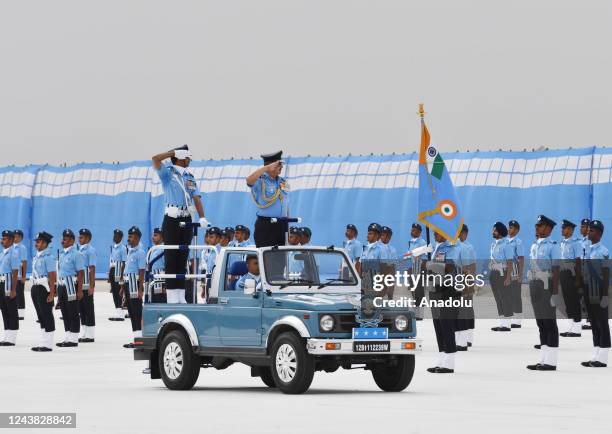 Indian Air Force Chief V R Chaudhari inspects the guard of honor during 90th anniversary celebrations of IAF, at the Air Force Station in Chandigarh...