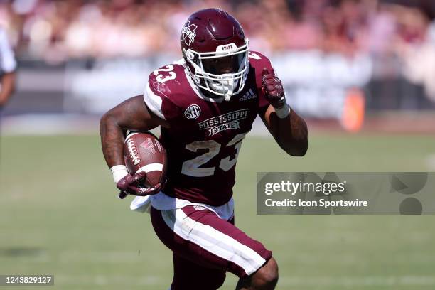 Mississippi State Bulldogs running back Dillon Johnson carries the ball for a touchdown during the game between the Mississippi State Bulldogs and...