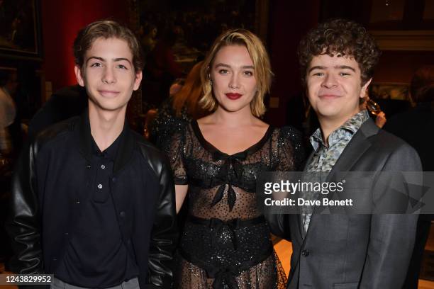 Jacob Tremblay, Florence Pugh and Gaten Matarazzo attend The Academy of Motion Picture Arts and Sciences 2022 New Members Reception at The National...