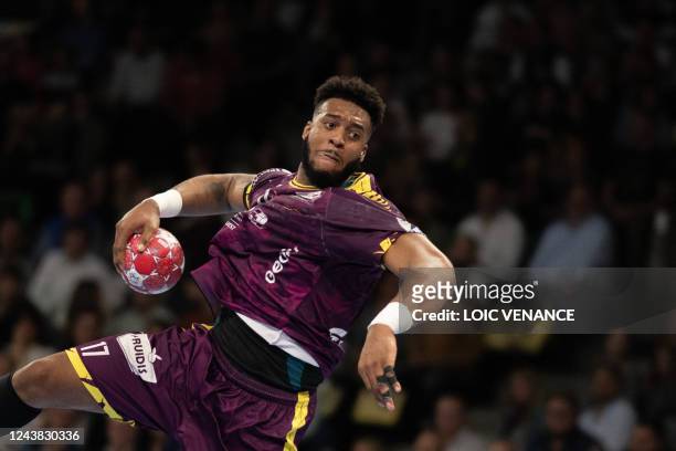 Nantes' Jeremy Toto jumps to shoot during the Handball D1 French Championships match HBC Nantes vs Chartres at the H Arena in Nantes on October 8,...