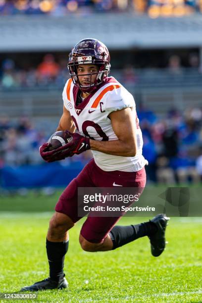 Virginia Tech Hokies wide receiver Kaleb Smith runs with the ball after making a catch during the college football game between the Virginia Tech...