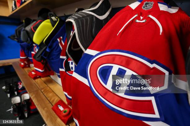 Jerseys are seen hanging in the Montreal Canadiens locker room at J.K. Irving Centre during Kraft Hockeyville Canada festivities on October 8, 2022...