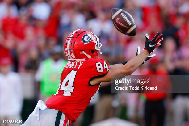Ladd McConkey of the Georgia Bulldogs comes up short of the reception in the second half against the Auburn Tigers at Sanford Stadium on October 8,...