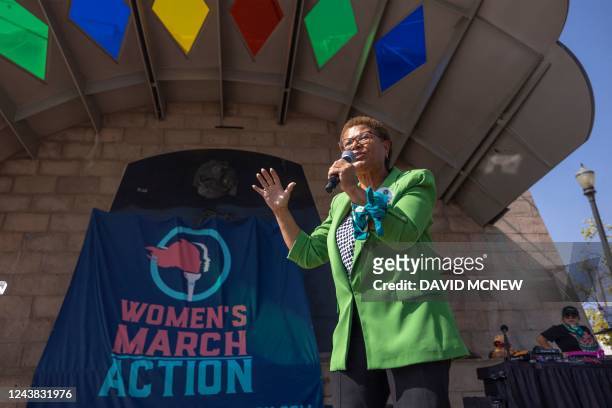 Los Angeles mayoral candidate Karen Bass addresses the Women's March Action Rally for Reproductive Rights at Mariachi Plaza in Los Angeles,...