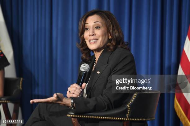 Vice President Kamala Harris speaks during a discussion at the Lyndon B. Johnson Library and Museum at the University of Texas at Austin in Austin,...