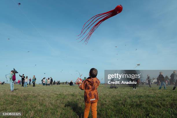 Four year old Oliver Nemeti flying his kite during the 7th annual Kite Festival in the Kosice, Slovakia on the 8th of October 2022. There were at...