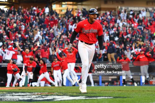 Oscar Gonzalez of the Cleveland Guardians celebrates after hitting a walk-off home run in the 15th inning to defeat the Tampa Bay Rays during the...