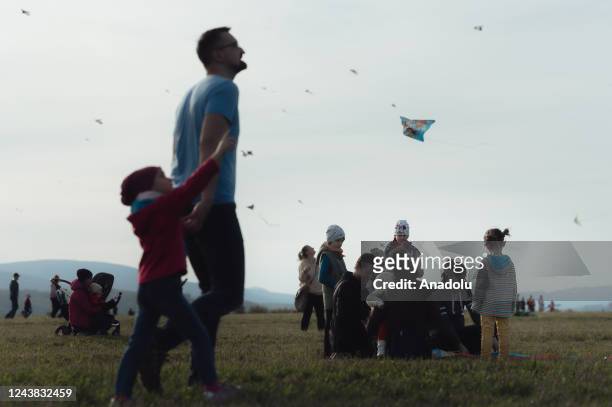 Local families and individuals gathered to fly kites of all sizes and shapes during the 7th annual Kite Festival in the Kosice, Slovakia on the 8th...