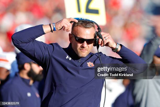 Head coach Bryan Harsin of the Auburn Tigers reacts in the second half against the Georgia Bulldogs at Sanford Stadium on October 8, 2022 in Athens,...