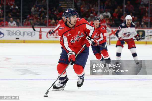 Garnet Hathaway of the Washington Capitals skates with the puck during a pre-season game against the Columbus Blue Jackets at Capital One Arena on...