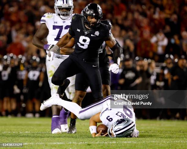 Defensive end Will McDonald IV of the Iowa State Cyclones celebrates after sacking quarterback Adrian Martinez of the Kansas State Wildcats as...