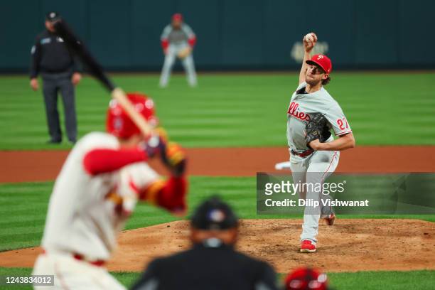 Aaron Nola of the Philadelphia Phillies pitches during the Wild Card Series game between the Philadelphia Phillies and the St. Louis Cardinals at...
