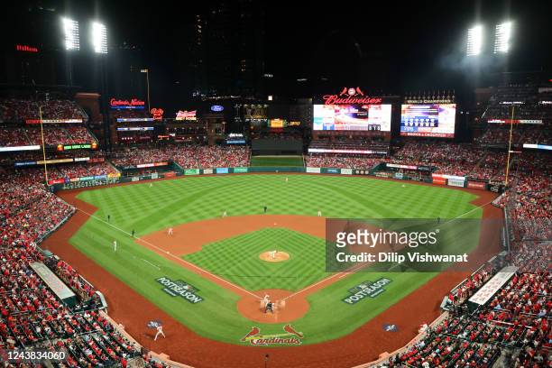 General view of the stadium during the Wild Card Series game between the Philadelphia Phillies and the St. Louis Cardinals at Busch Stadium on...
