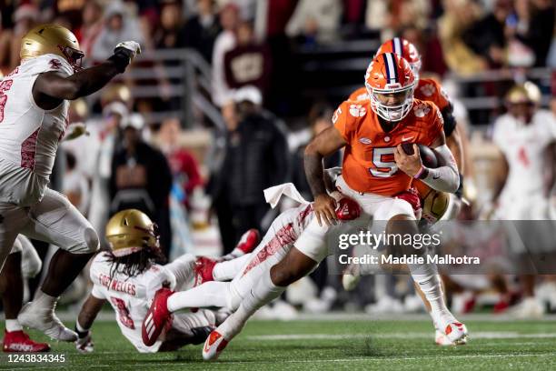 Uiagalelei of the Clemson Tigers carries the ball during the second half of a game against the Boston College Eagles at Alumni Stadium on October 8,...