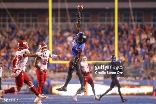 Wide receiver Stefan Cobbs of the Boise State Broncos just misses a pass during first half action against the Fresno State Bulldogs at Albertsons...