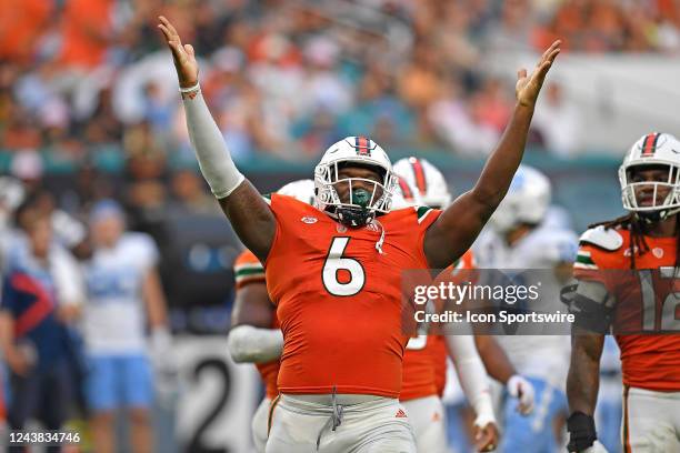 Miami defensive lineman Darrell Jackson, Jr. Celebrates a quarterback sack in the third quarter as the University of Miami Hurricanes faced the...