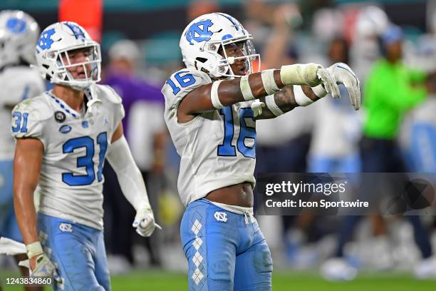 North Carolina defensive back Deandre Boykins celebrates his game-winning interception late in the fourth quarter as the University of Miami...
