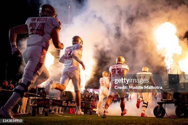 The Boston College Eagles take the field for a game against the Clemson Tigers at Alumni Stadium on October 8, 2022 in Chestnut Hill, Massachusetts.