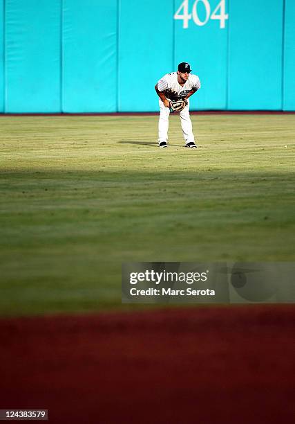 Center fielder Bryan Petterson of the Florida Marlins plays against the New York Mets at Sun Life Stadium on September 7, 2011 in Miami Gardens,...