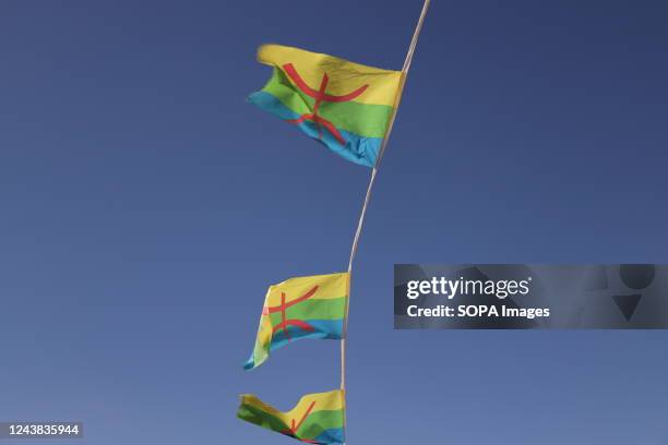 Amazigh flags seen in the mountainous city of Yafran. The Amazigh are an ethnic group who live in North Africa, mainly in Morocco, Algeria, Tunisia,...