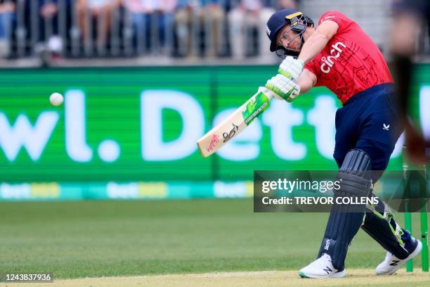 England's Jos Buttler plays a shot during the first cricket match of the Twenty20 series between Australia and England in Perth on October 9, 2022. -...