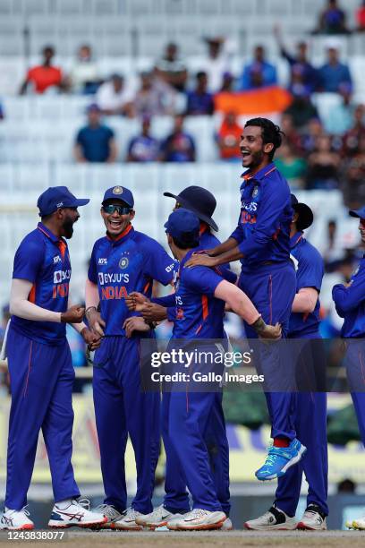 Shahbaz Ahmed of India celebrates the wicket of Janneman Malan of South Africa during the 2nd One Day International match between India and South...