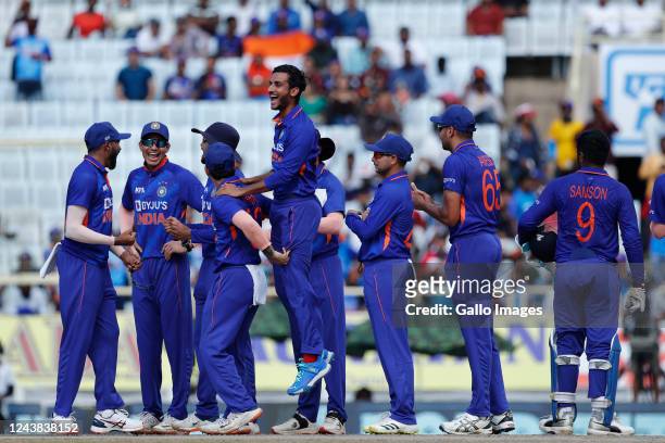 Shahbaz Ahmed of India celebrates the wicket of Janneman Malan of South Africa during the 2nd One Day International match between India and South...
