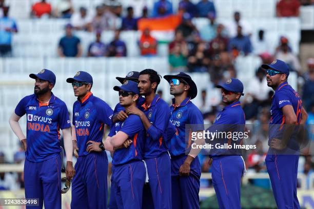 Shahbaz Ahmed of India waits with teammates for a DRS review during the 2nd One Day International match between India and South Africa at JSCA...